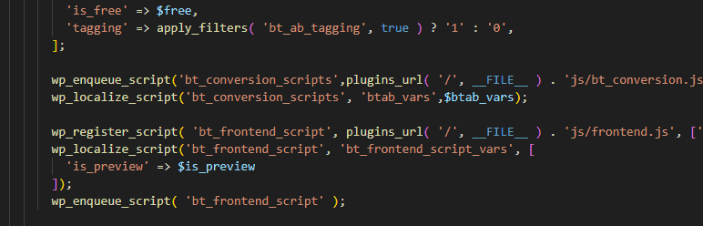 A screenshot of php code involving wordpress functions for enqueuing and localizing scripts.