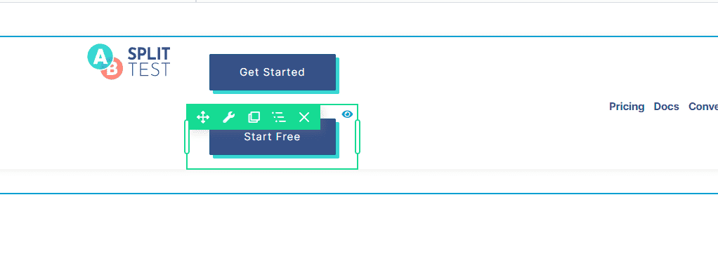 A webpage interface featuring two call-to-action buttons: "get started" in blue and "start free" highlighted in a green outline, with a "split test" service or feature advertised at the top.
