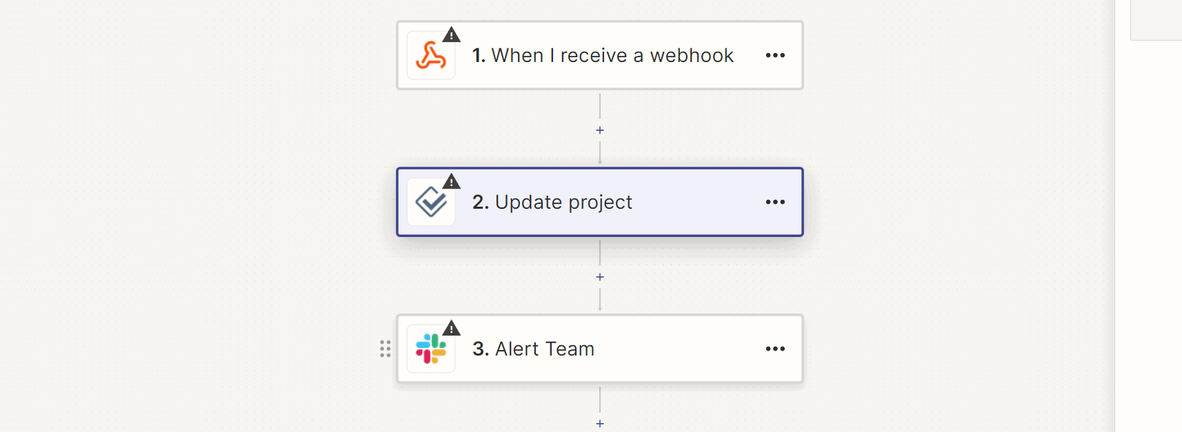 Workflow process diagram showing three steps: 1. when i receive a webhook, 2. update project, 3. alert team.