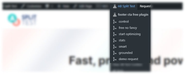 A blurred webpage with an a/b split test plugin dropdown menu displayed.