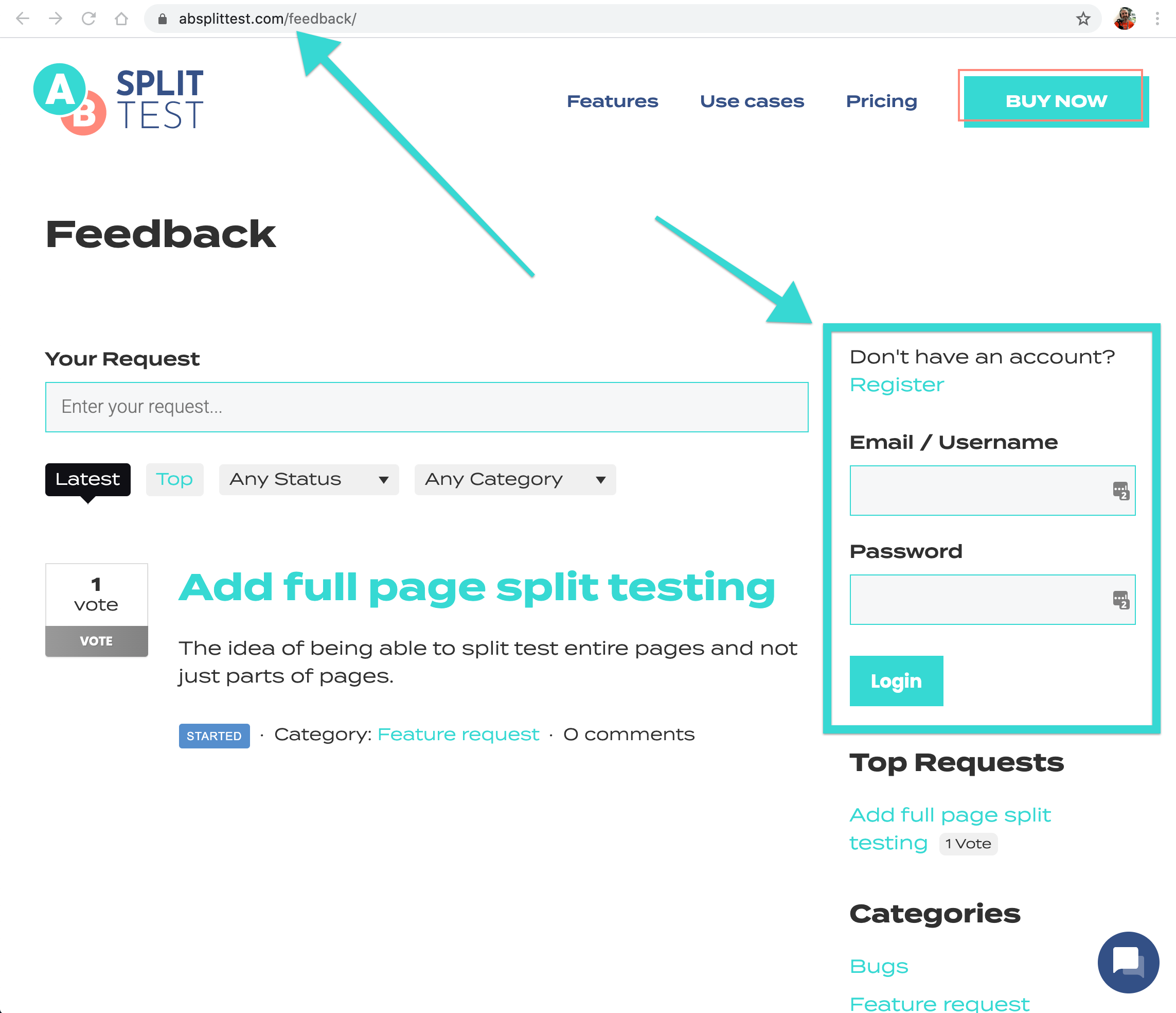 A website feedback page shows a login form on the right with fields for email or username and password, and a section to submit feedback on the left.