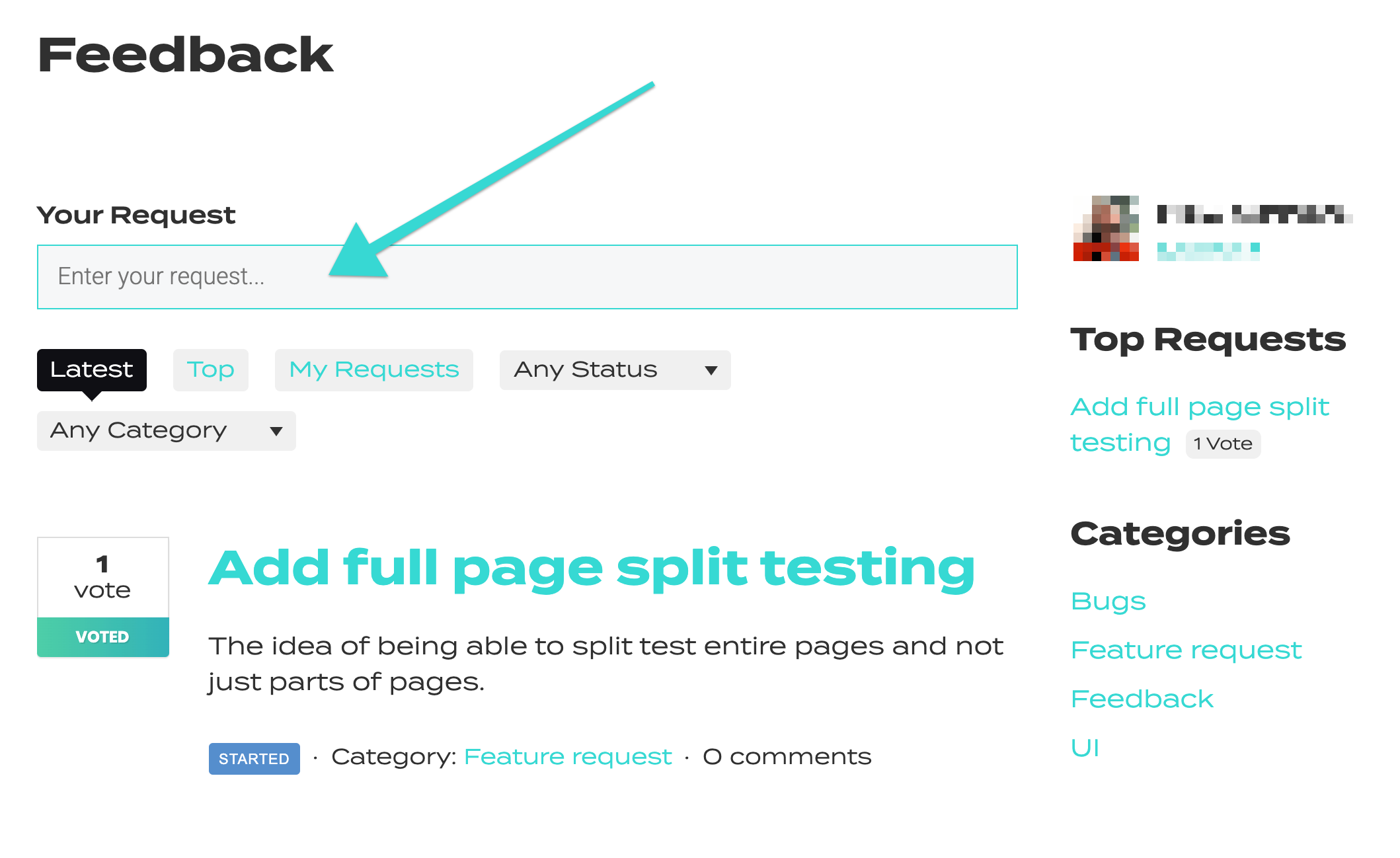A feedback form interface showing a text box for requests, request categories, a list of top requests, and a highlighted "Add full page split testing" request with one vote.