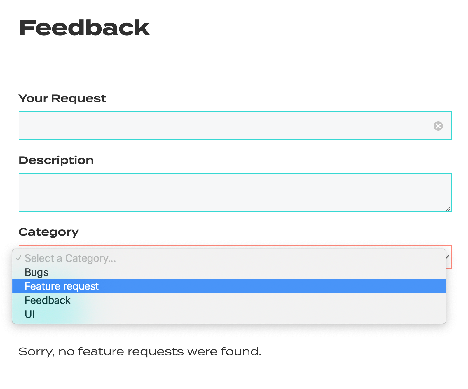 A feedback form with fields for request, description, and a category dropdown; "Feature request" is selected, but no feature requests are found below.