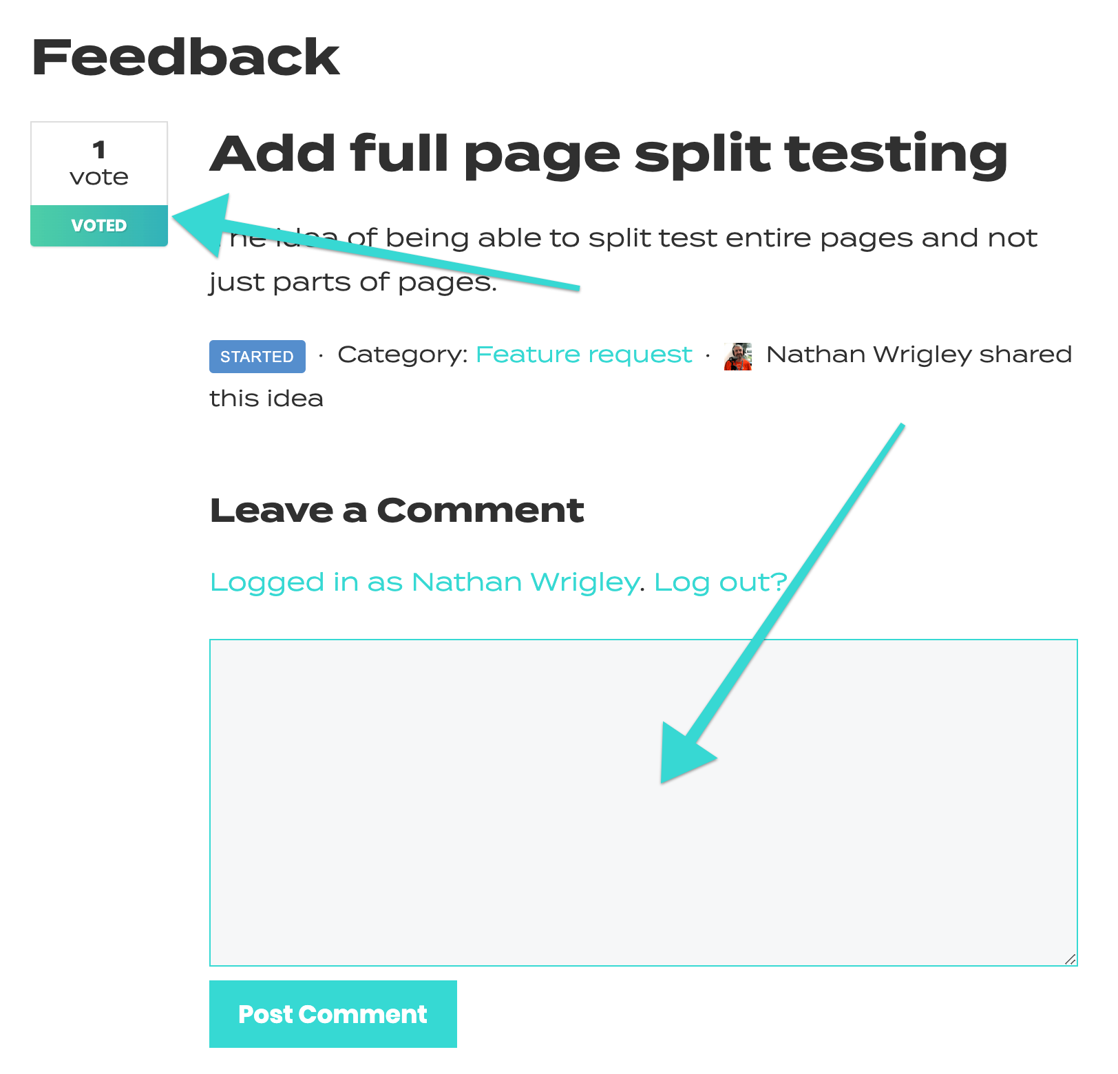 Screenshot of a feedback page showing a “1 vote” box, the suggestion “Add full page split testing,” and a blank comment field.