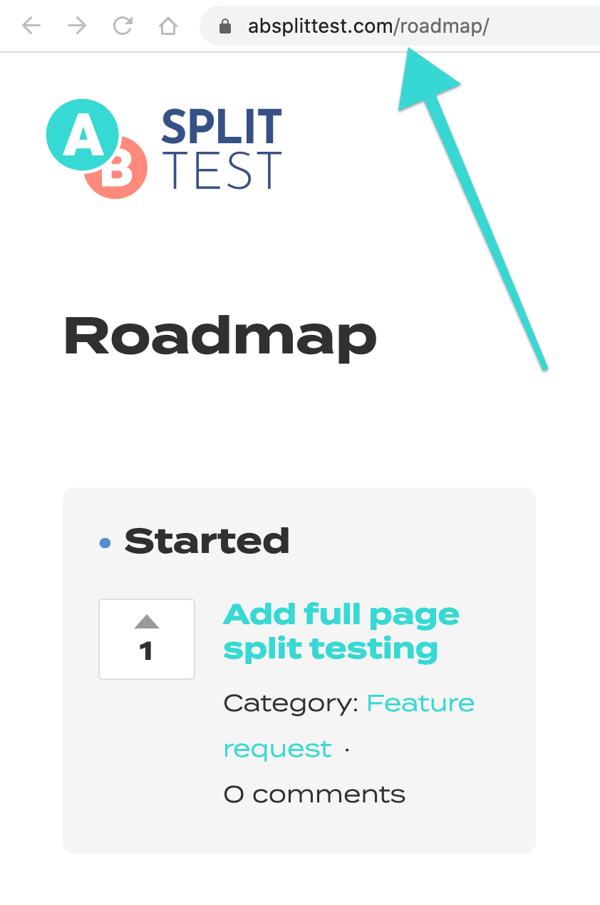 Screenshot of the AB Split Test website's Roadmap page, highlighting the page URL and a feature request for full page split testing.