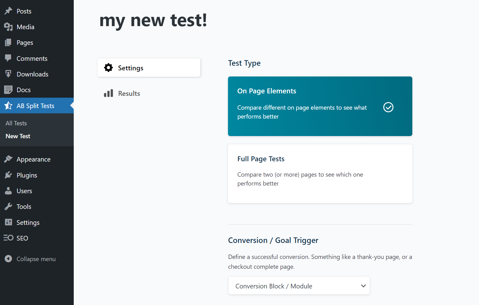 AB Split Test For WordPress Test Setup Screenshot