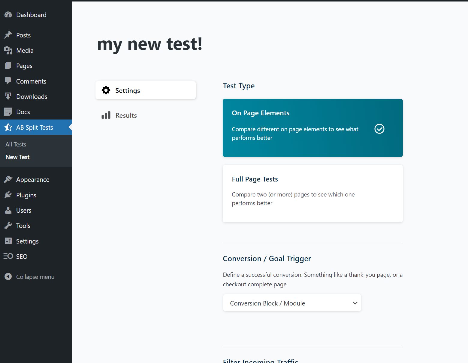 AB Split Test For WordPress Test Setup Screenshot