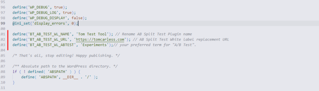 A code snippet showing PHP configuration settings and constants for an AB testing plugin in WordPress, including error display and custom tool names.