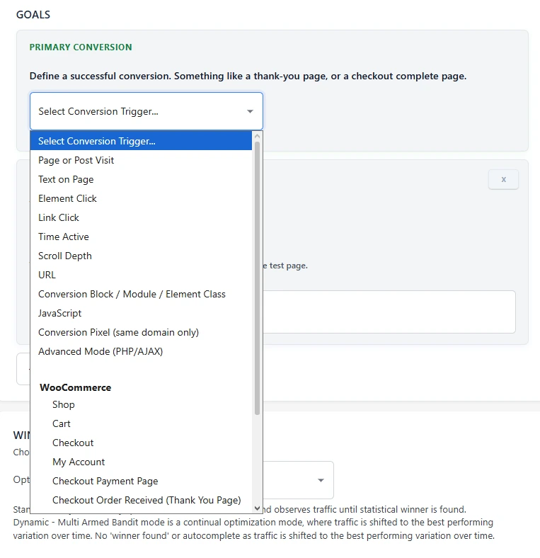 A dropdown menu titled "Select Conversion Trigger..." displays options for defining a conversion trigger on a website—ideal for agencies focused on conversion rate optimization or looking to refine their WordPress split testing strategy.