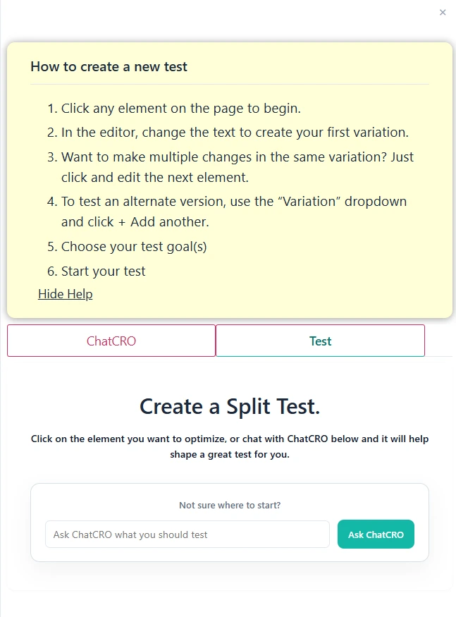 A screenshot shows step-by-step instructions for creating a new test, followed by a "Create a Split Test" section with an input box and "Ask ChatCRO" button—ideal for any WordPress split testing strategy.