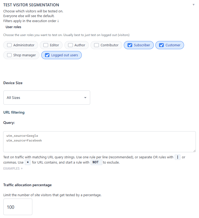 Screenshot of a web interface for test visitor segmentation, showing user role options, device size, URL filtering with query rules, and a slider to set the traffic allocation percentage.