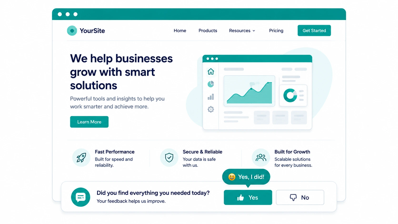 A website homepage displaying business solutions with a header, navigation menu, chart illustration, feature descriptions, and a feedback prompt at the bottom—plus insights on what to AB test on your website for better results.