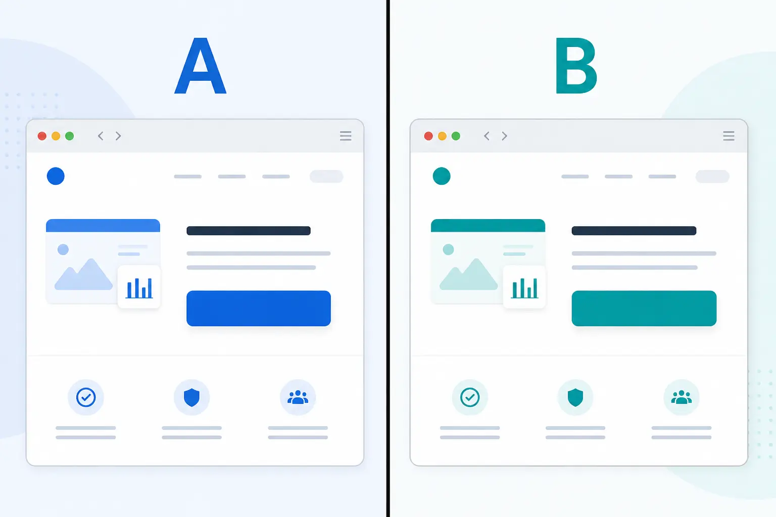 Side-by-side comparison of two website layouts labeled A and B, each displaying a webpage with images, text blocks, and icons in different color schemes.