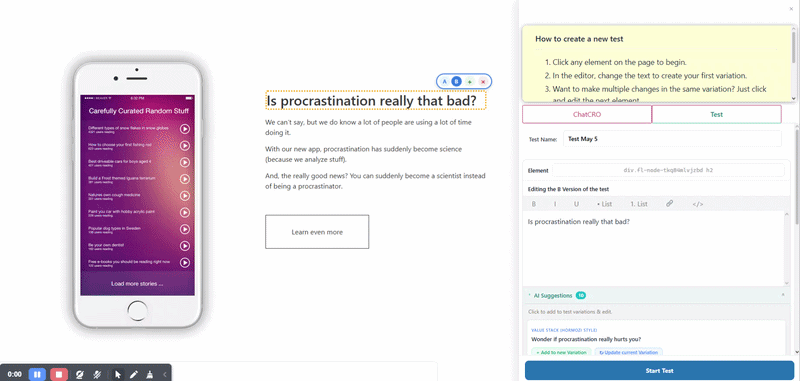 Screenshot showing a webpage with a phone mockup on the left and a "How to create a new test" instructional panel on the right; highlighted text asks, "Is procrastination really that bad?"—perfect for showcasing AB Split Test AI suggestions.