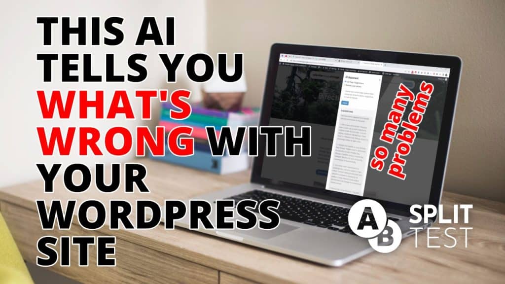 Laptop on a desk displaying a wordpress site with a message overlay indicating an ai-powered service that diagnoses issues with the site.
