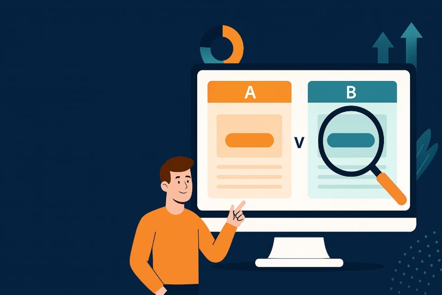 Illustration of a person pointing at a computer screen displaying an A/B comparison, with sections labeled A and B and a magnifying glass on section B.
