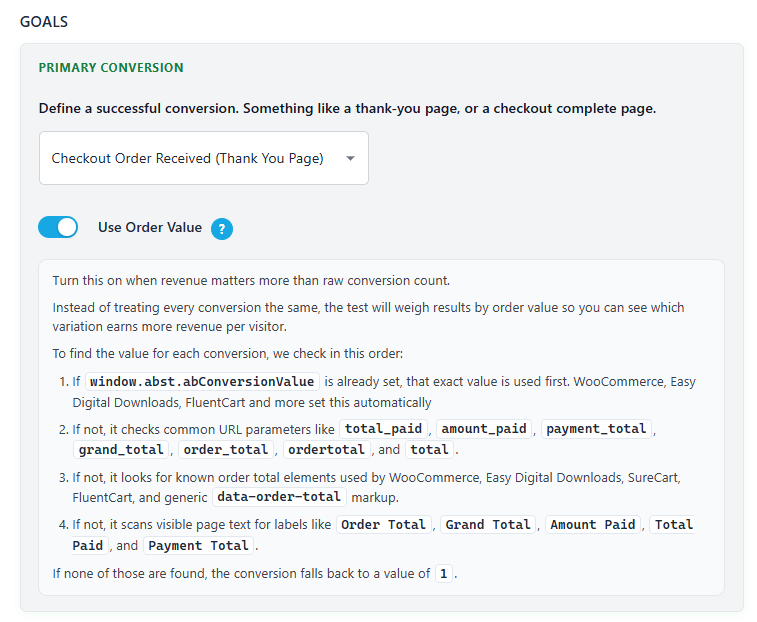 Screenshot of a web interface for defining a successful conversion goal, with options for selecting the event type and using order value—ideal for WooCommerce AOV split test setups, plus code snippets for handling conversion values.