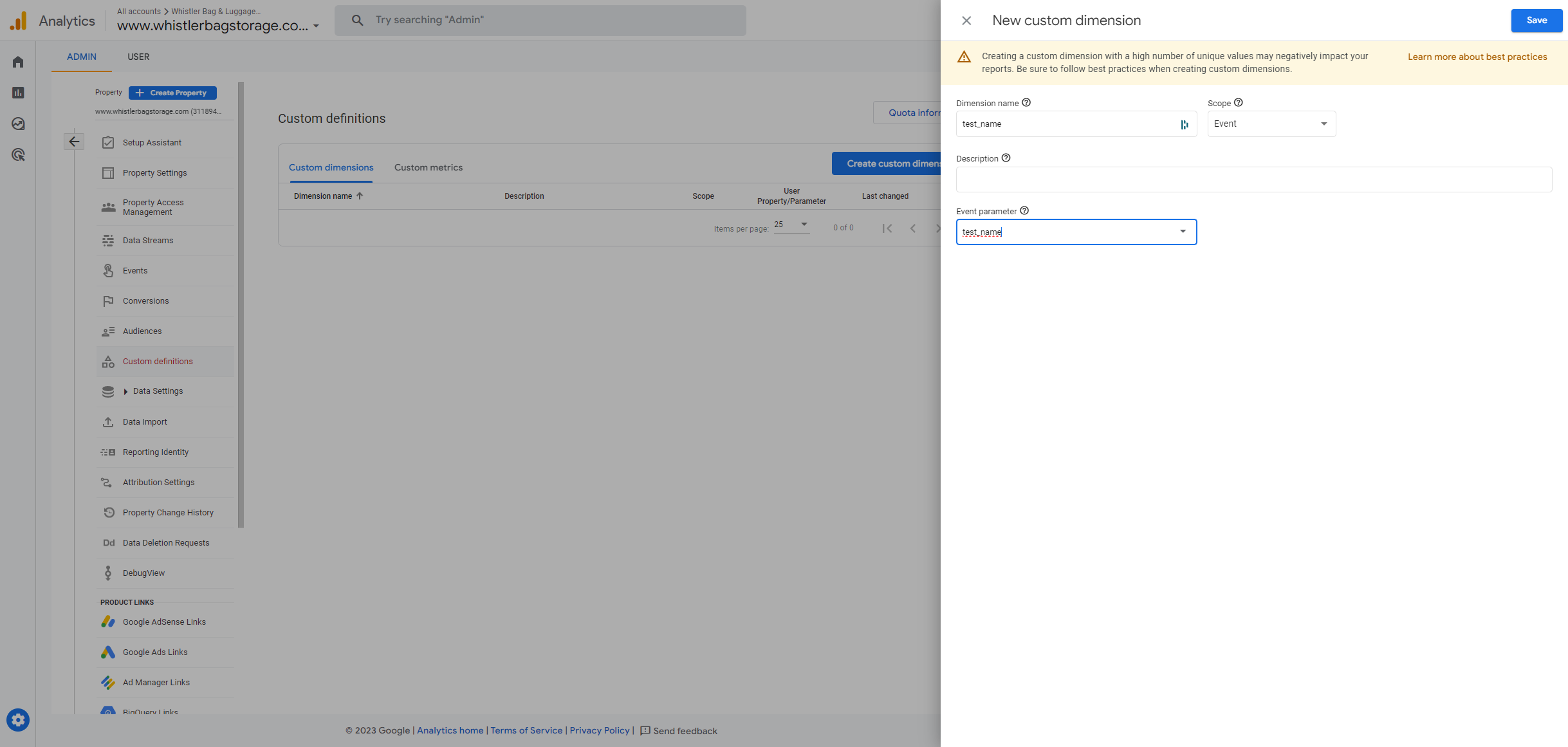 test_name as the event parameter
