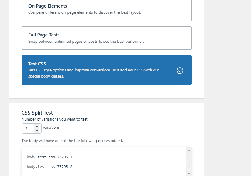 User interface of Elementor Popups settings, displaying options for test type selection and CSS split test. Options include On Page Elements, Full Page Tests, and Test CSS. Buttons for saving or starting tests are visible.