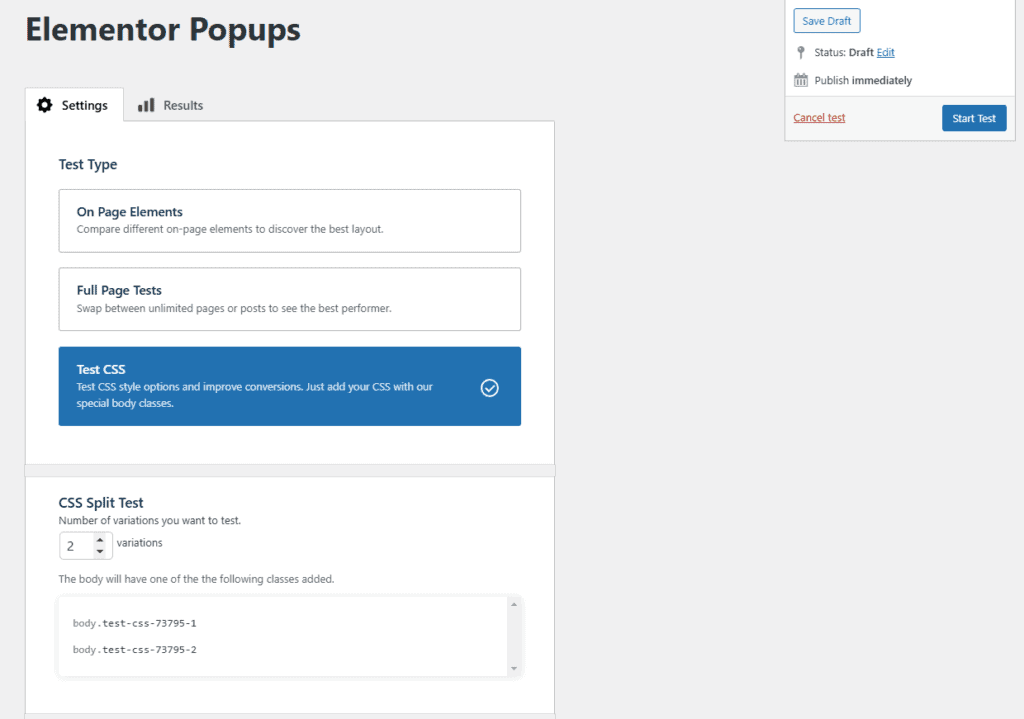 Screenshot of Elementor Popups interface showing options for Test Type and CSS Split Test. Test CSS option is selected with two variations listed. Save Draft and Start Test buttons are visible.