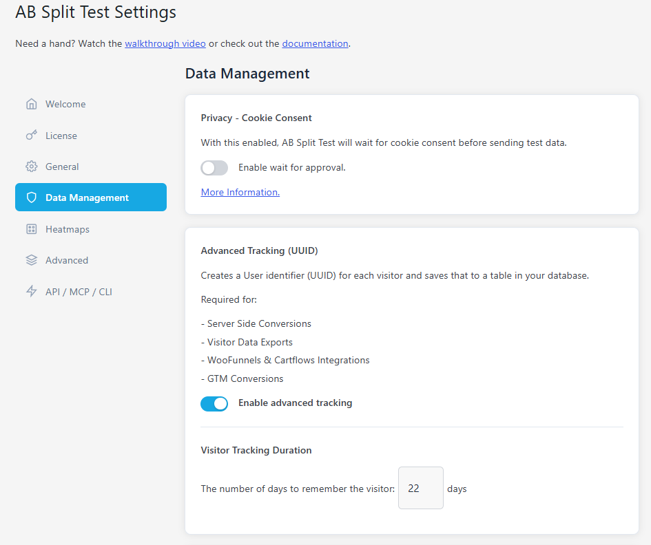 Screenshot of the AB Split Test Settings page showing Data Management options, including CartFlows AB Split Test tracking, privacy consent, advanced tracking, and visitor tracking duration set to 22 days.