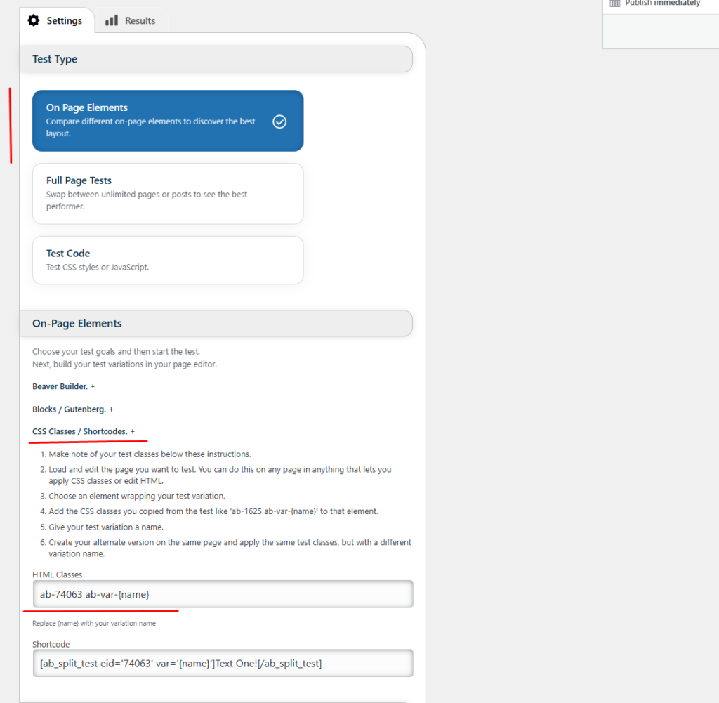 Screenshot of a webpage showing various settings related to tests, page elements, blocks, and CSS classes with textual instructions and highlighted sections.