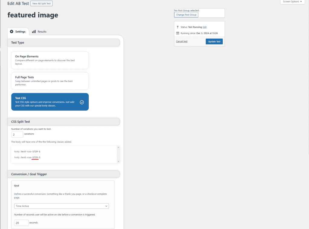 Screenshot of an A/B test settings page showing options for page elements, CSS split testing, and goals. A section on the right displays an update button and group settings.