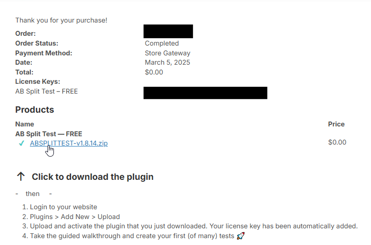 Receipt showing order details for a free AB Split Test plugin. Lists order status, order date, payment method, and plugin download link with installation instructions.