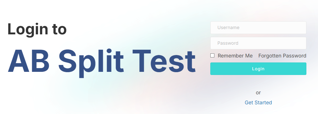 Login page for AB Split Test with fields for username and password. Options include "Remember Me," "Forgotten Password," and buttons for "Login" and "Get Started.