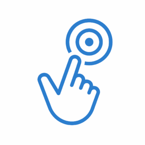 Icon of a blue hand with a pointed finger pressing a circular target on a white background.