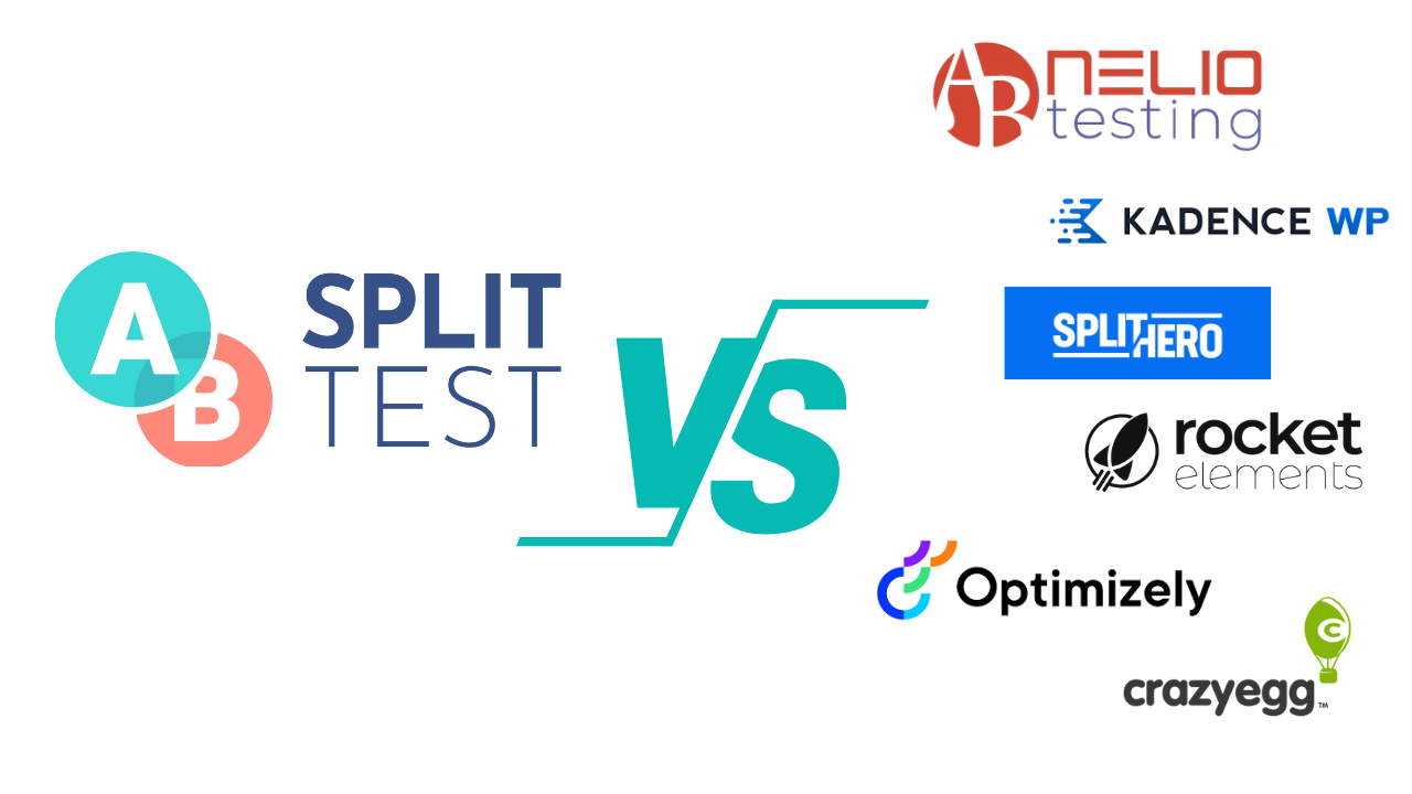 Graphic comparing A/B split testing with logos of Nelio Testing, Kadence WP, Split Hero, Rocket Elements, Optimizely, and Crazy Egg on the right side. Graphic comparing A/B split testing with logos of Nelio Testing, Kadence WP, Split Hero, Rocket Elements, Optimizely, and Crazy Egg on the right side.