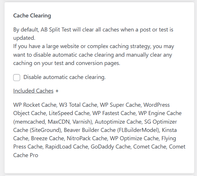 A list of WordPress caching plugins with a checkbox option to disable automatic cache clearing in a settings menu. A list of WordPress caching plugins with a checkbox option to disable automatic cache clearing in a settings menu.