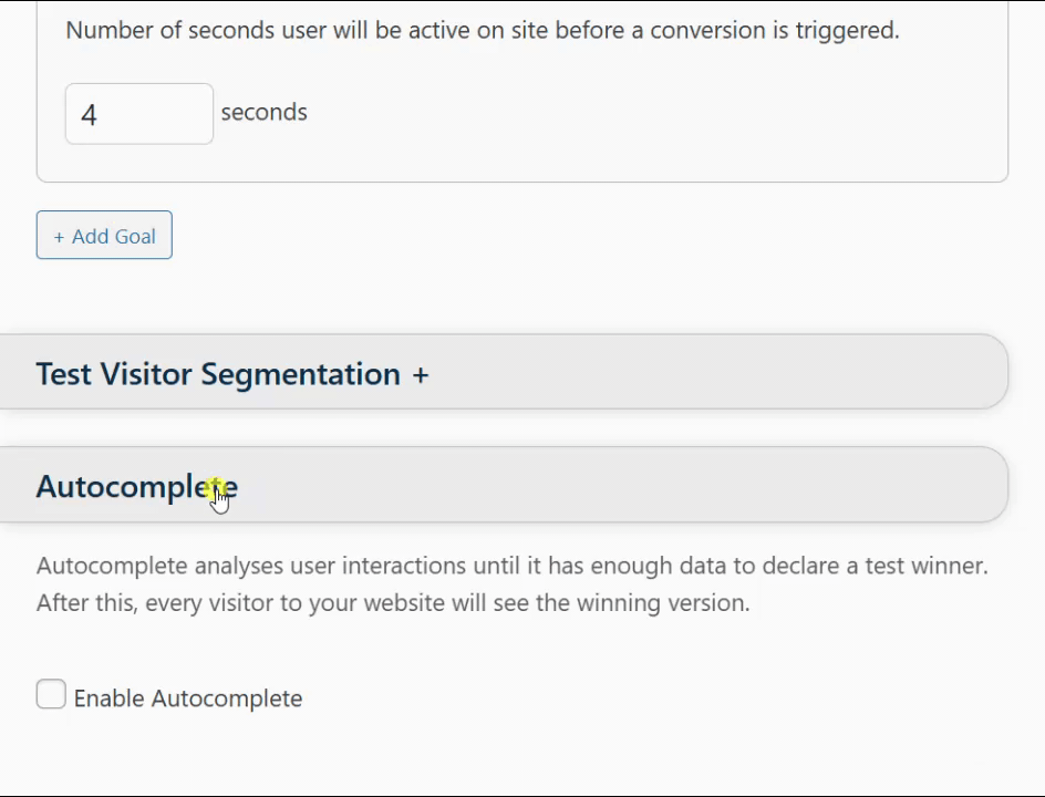 A website interface showing options for "Test Visitor Segmentation" and "Autocomplete." A cursor points to "Enable Autocomplete" with a descriptive note about user interaction analysis. A website interface showing options for "Test Visitor Segmentation" and "Autocomplete." A cursor points to "Enable Autocomplete" with a descriptive note about user interaction analysis.