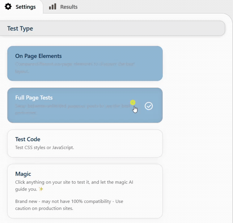 Interface showing test type options: "On Page Elements," "Full Page Tests" with checkmark, "Test Code," and "Magic." Cursor hovers over "Full Page Tests" with a tooltip visible. Interface showing test type options: "On Page Elements," "Full Page Tests" with checkmark, "Test Code," and "Magic." Cursor hovers over "Full Page Tests" with a tooltip visible.