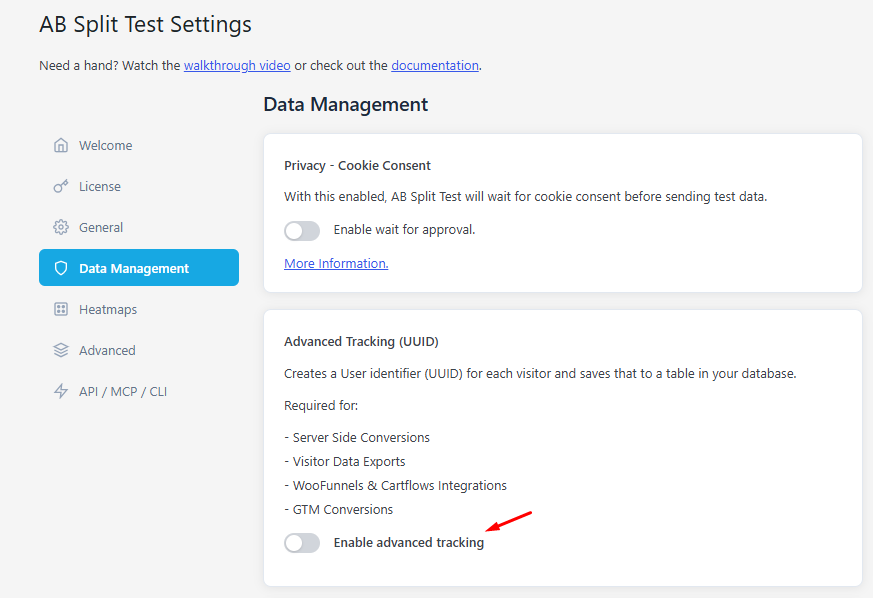 AB Split Test Settings page showing Data Management options, including toggles for cookie consent and advanced tracking, with an arrow pointing to the advanced tracking toggle.