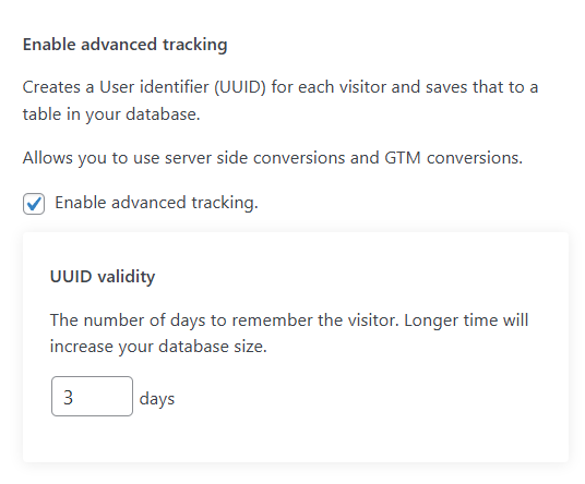 Settings interface for enabling advanced tracking with a checkbox, description, and an input box to set UUID validity in days, currently set to 3 days.