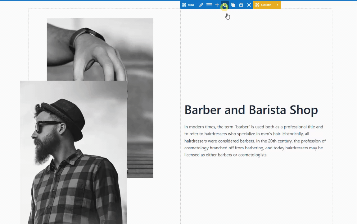 Split-screen layout with black-and-white photos of a man in a hat and a hand, beside text titled "Barber and Barista Shop" describing the history of barbers and hairdressers. Split-screen layout with black-and-white photos of a man in a hat and a hand, beside text titled "Barber and Barista Shop" describing the history of barbers and hairdressers.