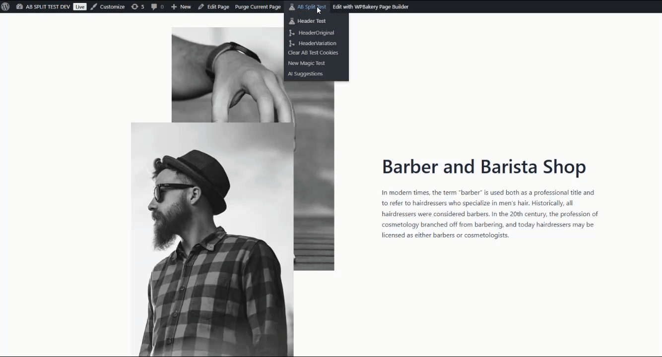 A grayscale website page shows a bearded man in a plaid shirt and hat, with text describing a barber and barista shop, and a dropdown menu open at the top. A grayscale website page shows a bearded man in a plaid shirt and hat, with text describing a barber and barista shop, and a dropdown menu open at the top.