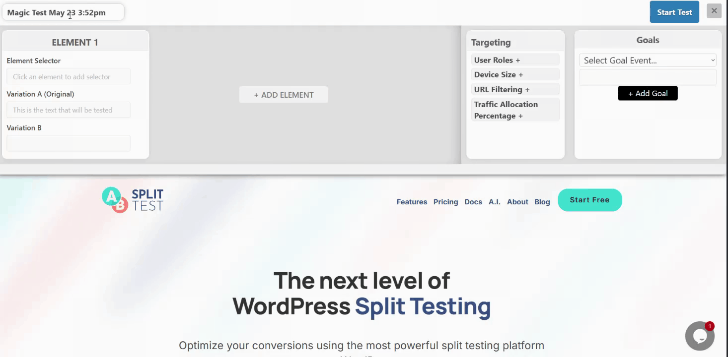 Screenshot of a split testing interface for a WordPress site, showing options to add test elements, set targeting criteria, and select goals. The website displayed is about split testing. Screenshot of a split testing interface for a WordPress site, showing options to add test elements, set targeting criteria, and select goals. The website displayed is about split testing.