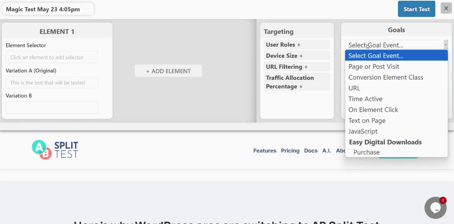 A/B split testing interface showing element and goal selection menus, with a dropdown list of goal options expanded on the right side. A/B split testing interface showing element and goal selection menus, with a dropdown list of goal options expanded on the right side.