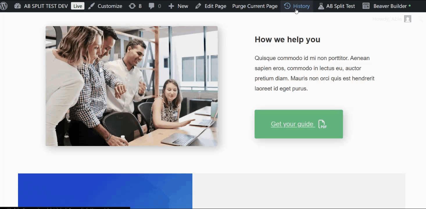 Three people stand and one person sits around a table with laptops in a modern office, next to a website section titled “How we help you.”. Three people stand and one person sits around a table with laptops in a modern office, next to a website section titled “How we help you.”.