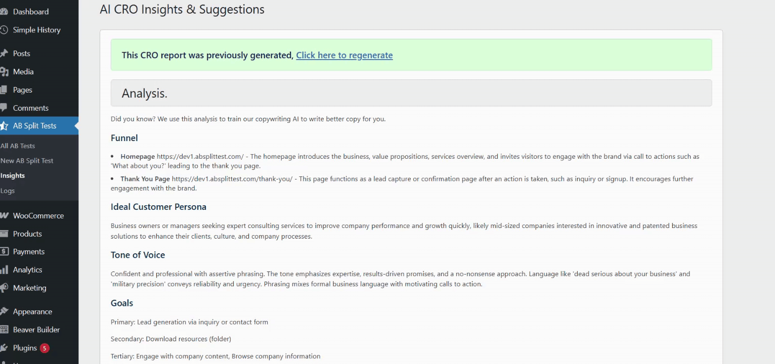 A website dashboard displays AI CRO insights and suggestions, including sections on Funnel, Ideal Customer Persona, Tone of Voice, and Goals, with a green notice about a previously generated report. A website dashboard displays AI CRO insights and suggestions, including sections on Funnel, Ideal Customer Persona, Tone of Voice, and Goals, with a green notice about a previously generated report.