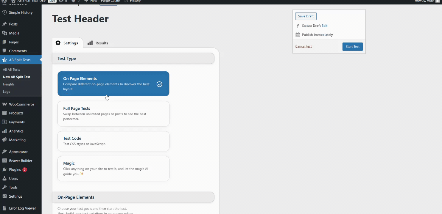A WordPress dashboard displays an "A/B Split Test" setup screen with options for test type and on-page elements selection. A WordPress dashboard displays an "A/B Split Test" setup screen with options for test type and on-page elements selection.