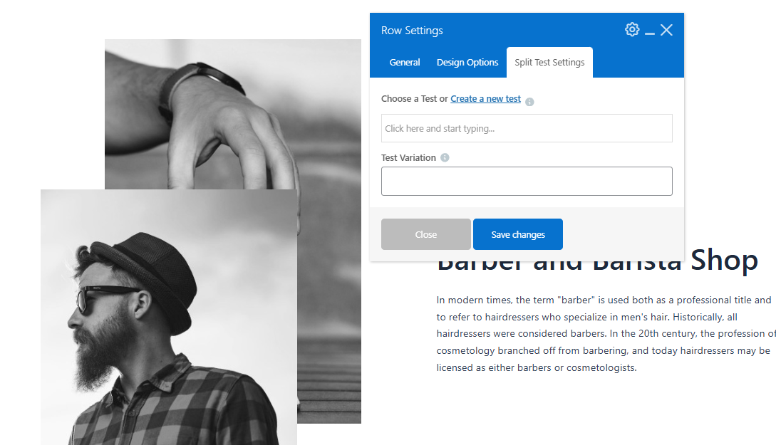 A screenshot shows a website editing interface with "Row Settings" open for split test options, overlaid on a page with black-and-white photos and text about barbers and baristas. A screenshot shows a website editing interface with "Row Settings" open for split test options, overlaid on a page with black-and-white photos and text about barbers and baristas.