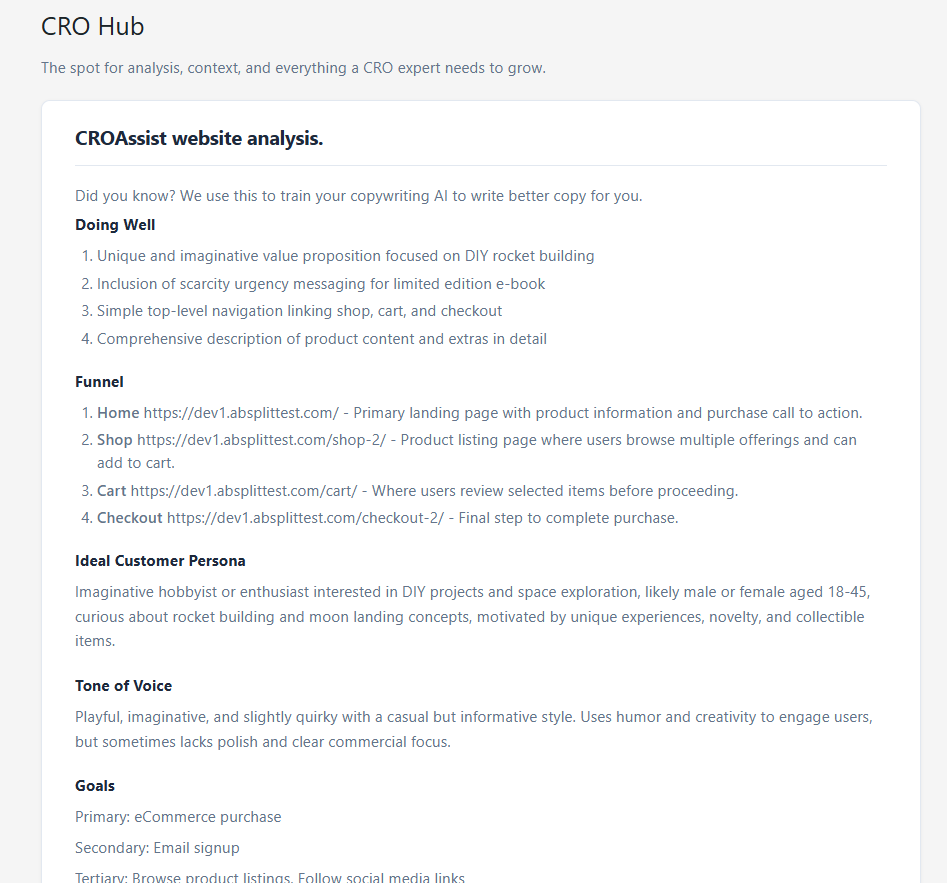 Screenshot of a CROAssist website analysis with AB Split Test AI suggestions, showing sections for value proposition, funnel steps, ideal customer persona, tone of voice, and goals for a DIY rocket building site.