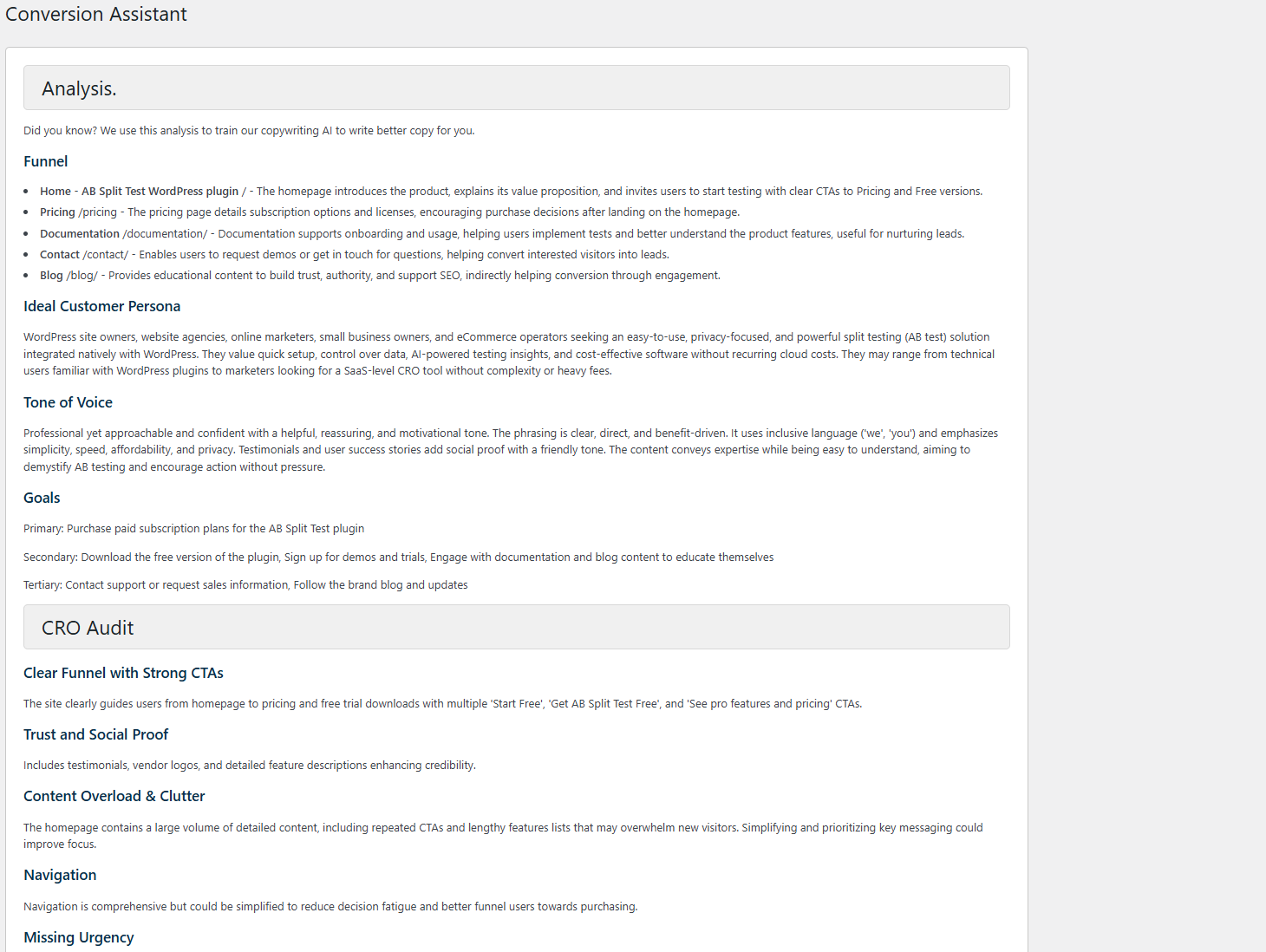 Screenshot of a webpage titled "Conversion Assistant" detailing website analysis, funnel steps, ideal customer personas, tone of voice, goals, and CRO audit recommendations. Screenshot of a webpage titled "Conversion Assistant" detailing website analysis, funnel steps, ideal customer personas, tone of voice, goals, and CRO audit recommendations.