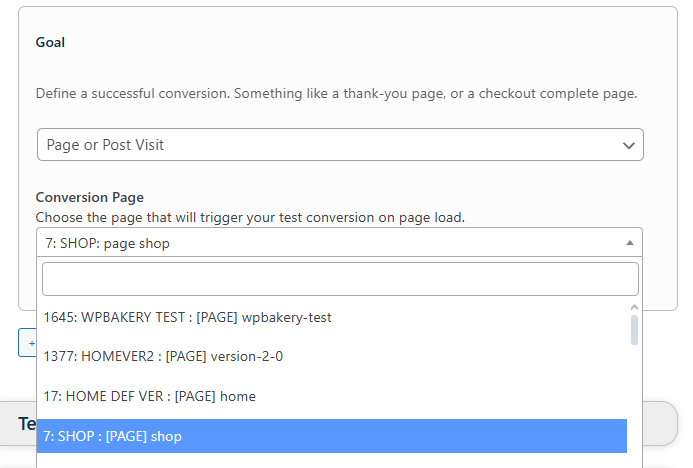 A dropdown menu displays page options to set as a conversion trigger in a website settings interface, with "7: SHOP : [PAGE] shop" selected.