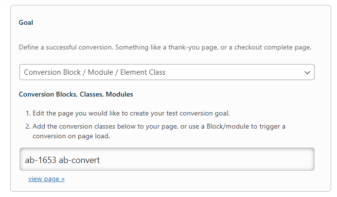 A form shows a dropdown for selecting “Conversion Block / Module / Element Class” and a text box with “ab-1653 ab-convert” entered, plus setup instructions and a “view page »” link.