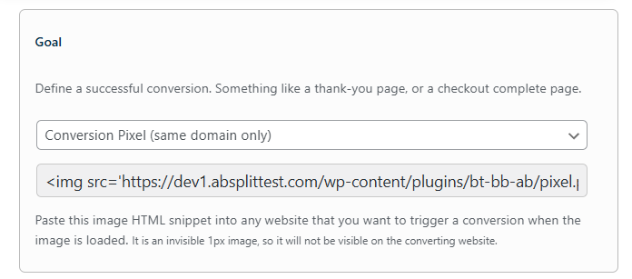 Screenshot of a webpage demonstrating how to set up a conversion pixel, including a dropdown menu and an HTML snippet for embedding an invisible 1px image.