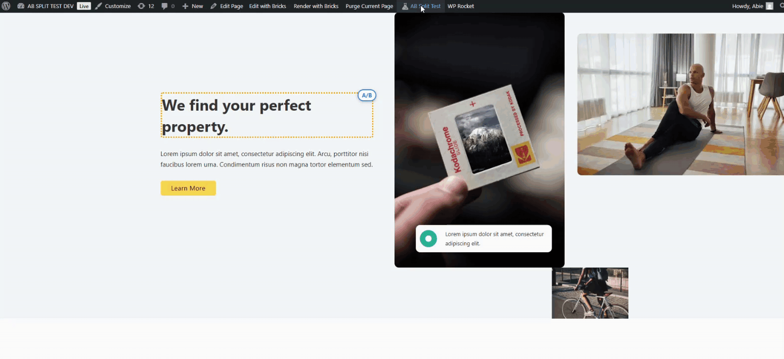 A website design interface shows a real estate section with the text "We find your perfect property," a photo of a hand holding a card, and images of people in modern settings. A website design interface shows a real estate section with the text "We find your perfect property," a photo of a hand holding a card, and images of people in modern settings.